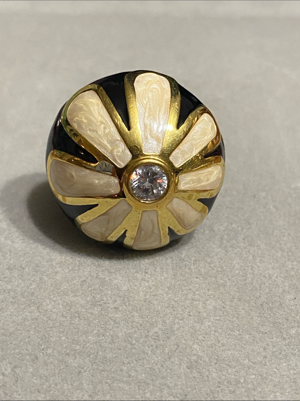 Gold & Black Floral Enamel Ring with Cream Petals and Clear Crystal